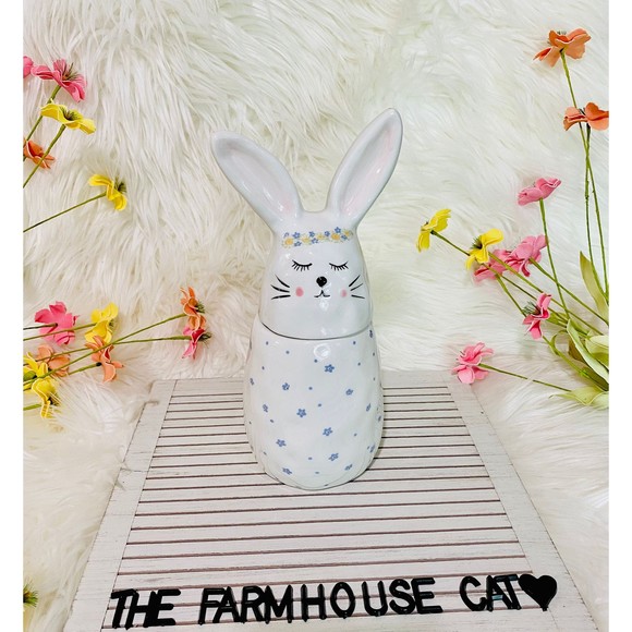 Easter Spring Floral Dimply Ceramic Bunny Canister Jar Home Decor Storage - Picture 6 of 6